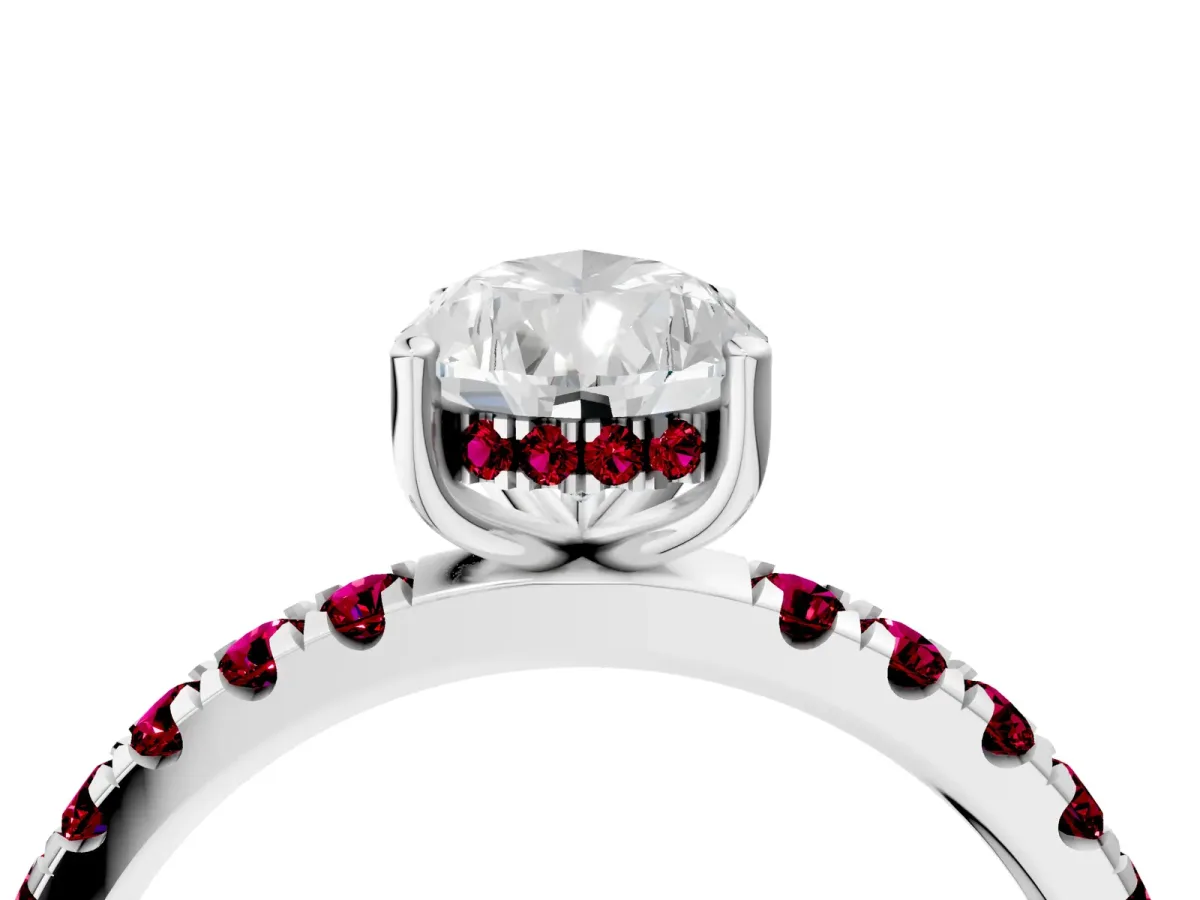 Pear Cut Diamond Pave Band Solitaire Ring with Round Garnet and Prong Setting White gold