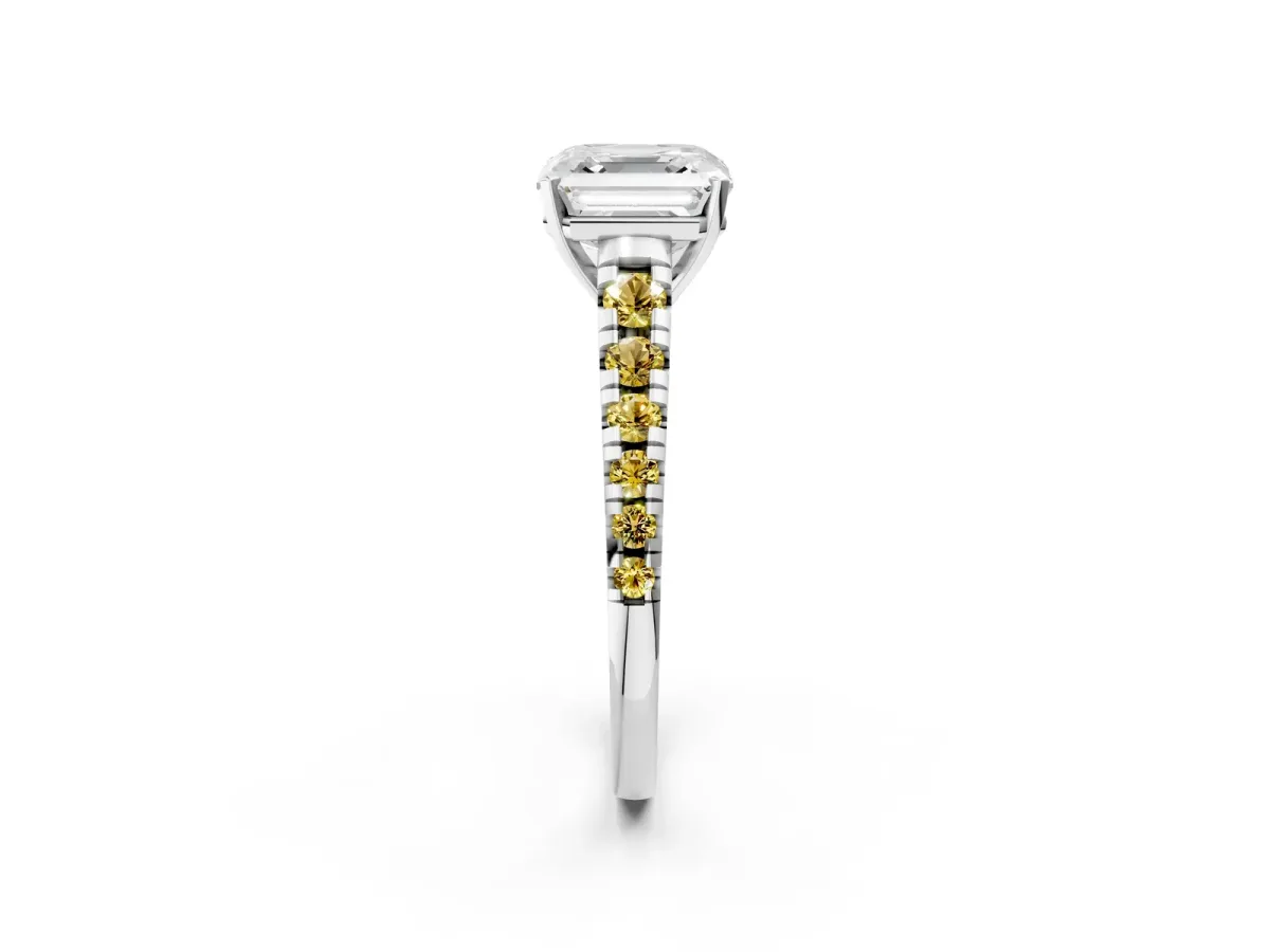 Asscher Cut Diamond Cathedral Solitaire Ring with Round Yellow Sapphire Pavé Band Silver