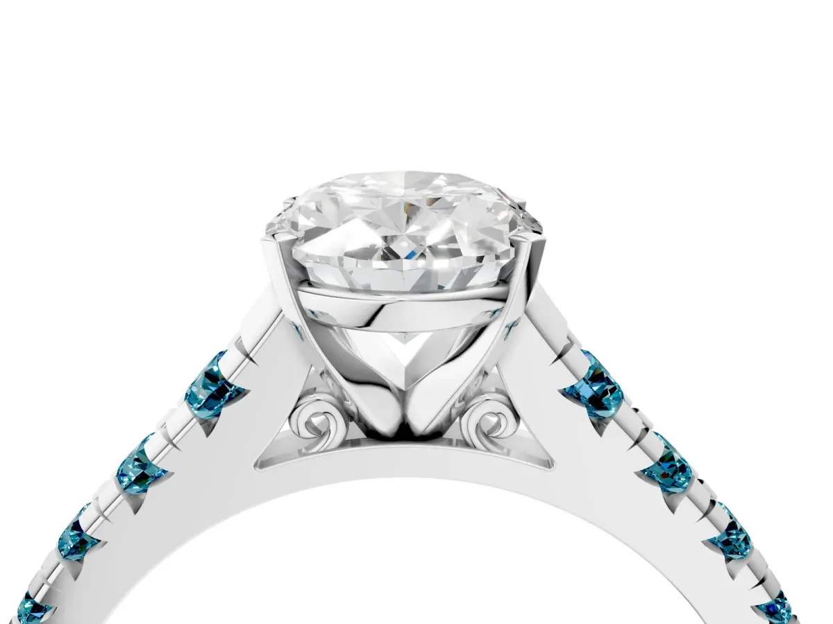Oval Cut Diamond Cathedral Solitaire Ring with Round Blue Topaz Pavé Band Silver