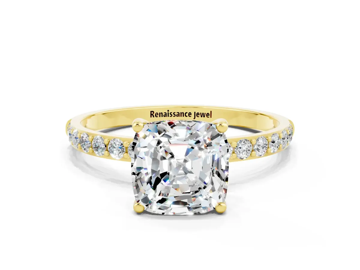 Cushion Cut Moissanite Solitaire Ring with Round Pavé Band and Prong Setting Yellow gold