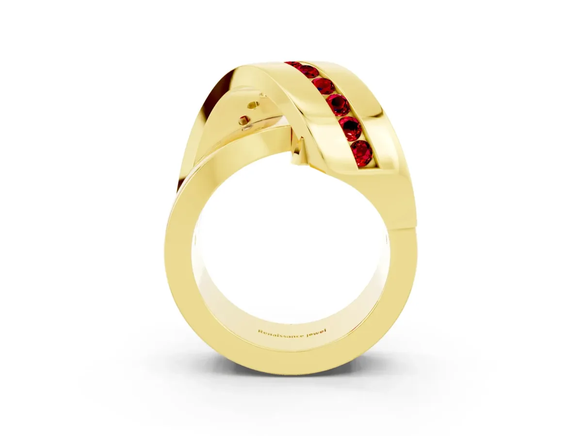 Pavé Round Ruby Crossover Band with Channel Setting Yellow gold