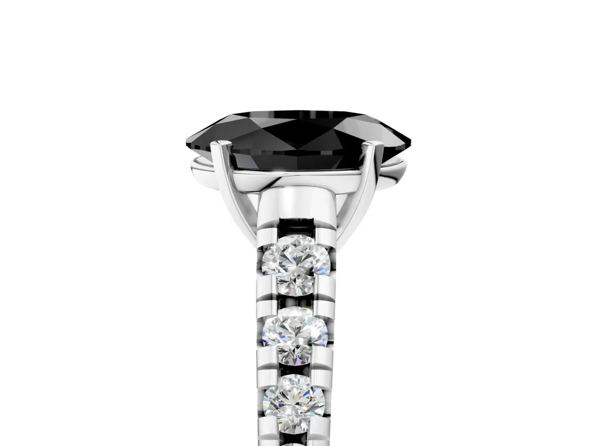 Fancy Black Oval Cut Diamond Cathedral Solitaire Ring with Round Pavé Band Platinum