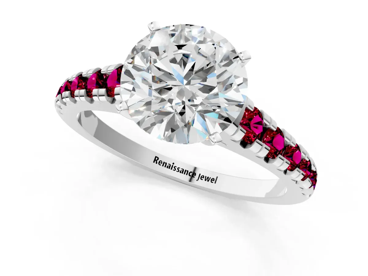 Round Cut Diamond Cathedral Solitaire Ring with Round Garnet Pavé Band Silver
