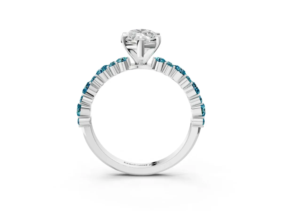 Marquise Cut Diamond Side Stone Solitaire Ring with Round Blue Topaz and Four-Prong Setting Platinum