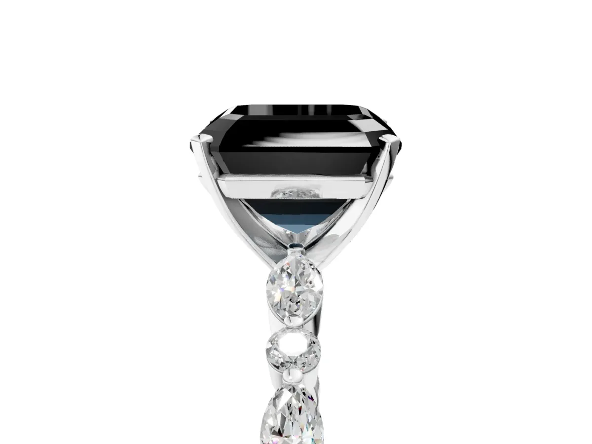 Fancy Black Asscher Cut Diamond Ring with Marquise and Round Side Stones and Four-Prong Setting Platinum