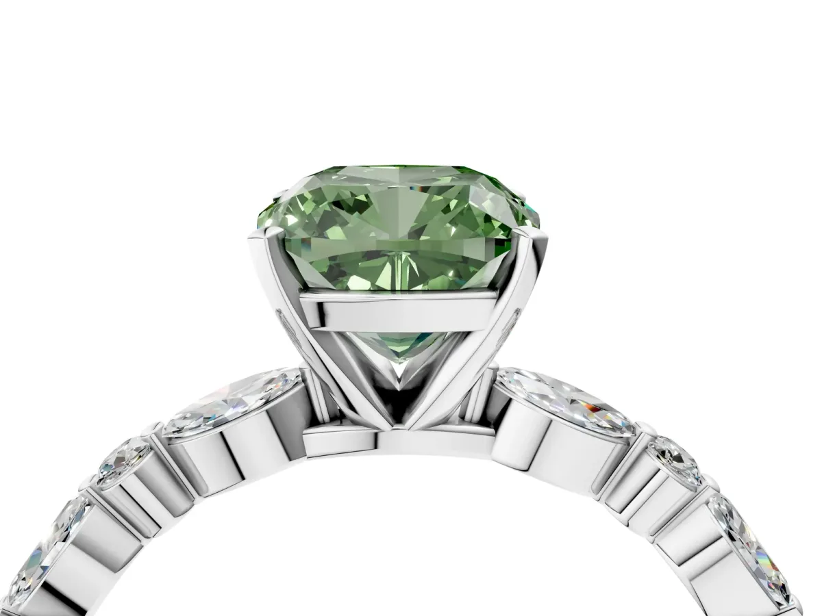 Fancy Green Cushion Cut Diamond Ring with Marquise and Round Side Stones and Four-Prong Setting Silver