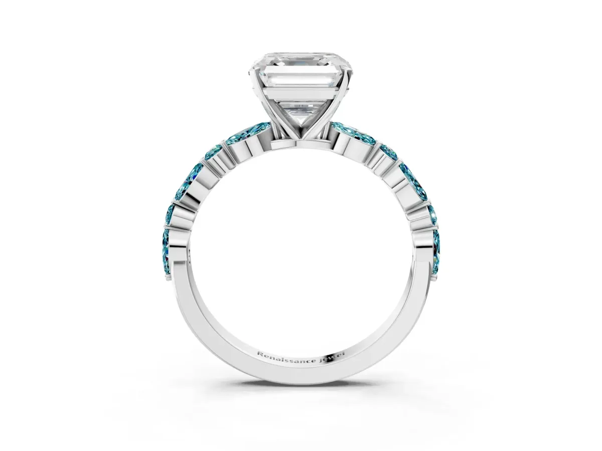 Asscher Cut Diamond Ring with Marquise and Round Blue Topaz Side Stones and Four-Prong Setting Silver