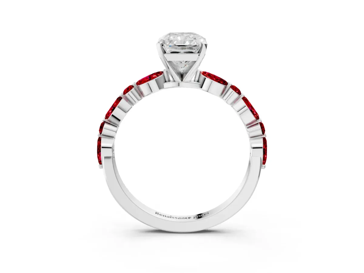 Radiant Cut Diamond Ring with Marquise and Round Ruby Side Stones and Four-Prong Setting White gold