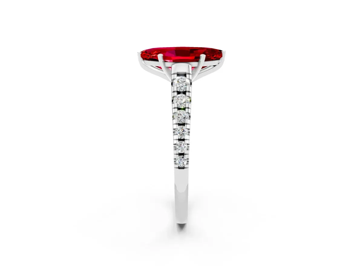 Marquise Cut Ruby Cathedral Solitaire Ring with Round Pavé Band Silver