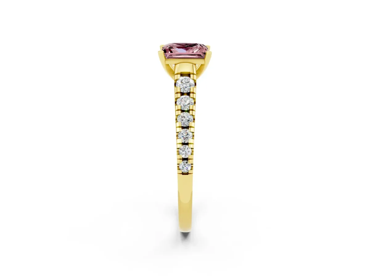Princess Cut Morganite Cathedral Solitaire Ring with Round Pavé Band Yellow gold
