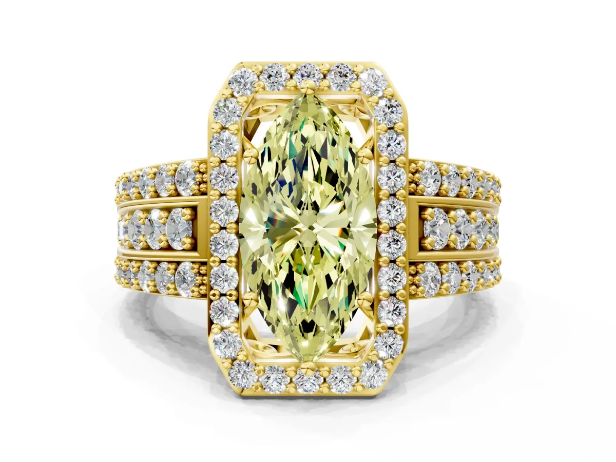 Fancy Yellow Marquise Cut Halo Diamond Ring with Round Split Shank and Prong Setting Yellow gold