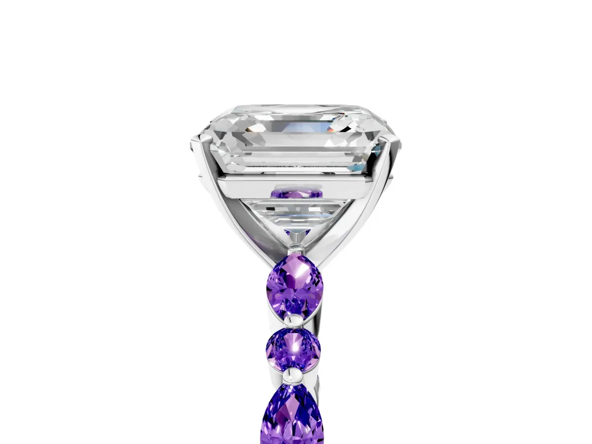 Asscher Cut Diamond Ring with Marquise and Round Tanzanite Side Stones and Four-Prong Setting Silver