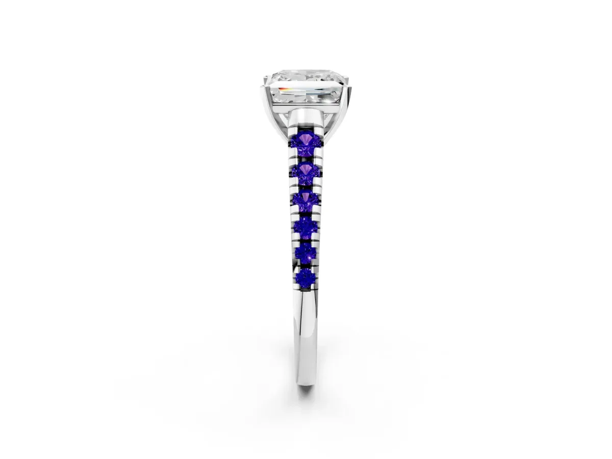 Princess Cut Diamond Cathedral Solitaire Ring with Round Tanzanite Pavé Band Platinum