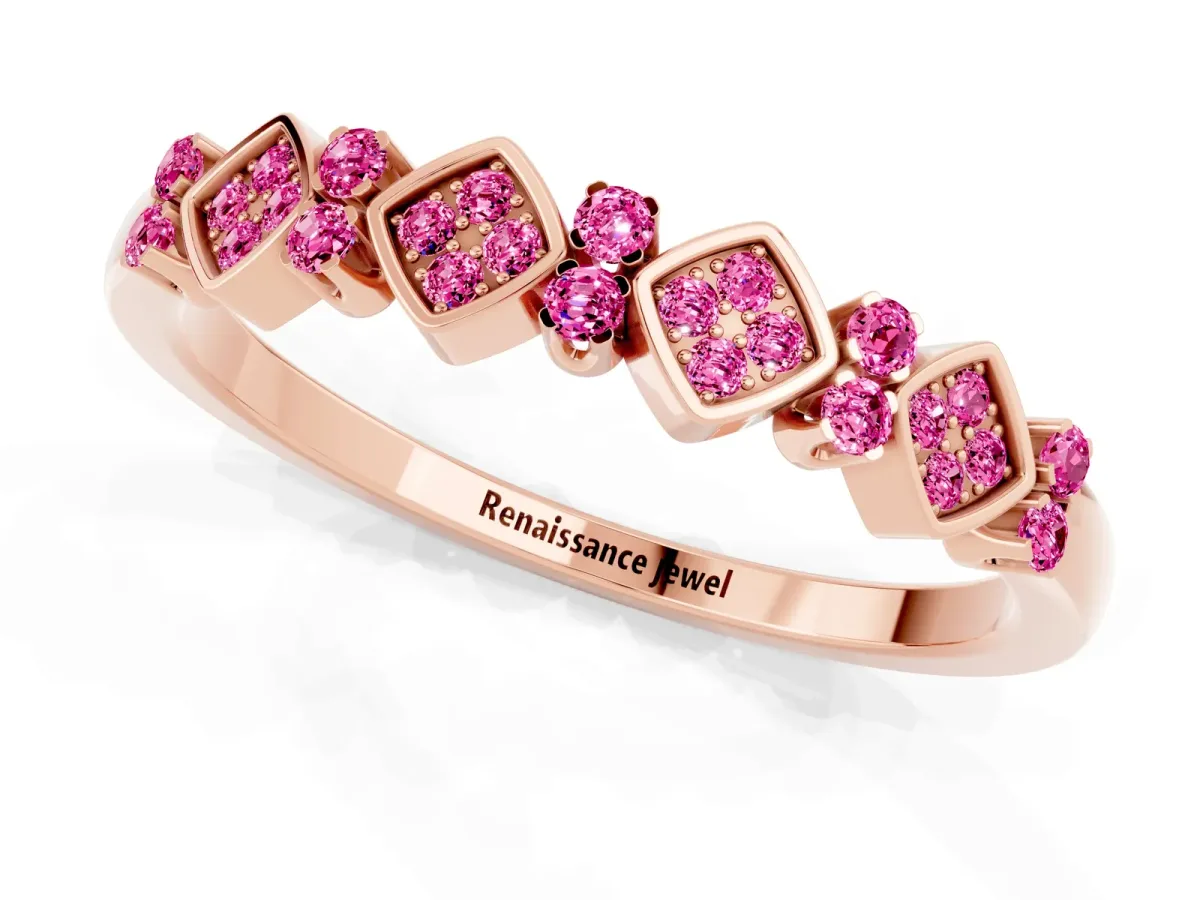 Pavé Cushion Pink Sapphire Cluster Eternity Band with Prong Setting Rose gold