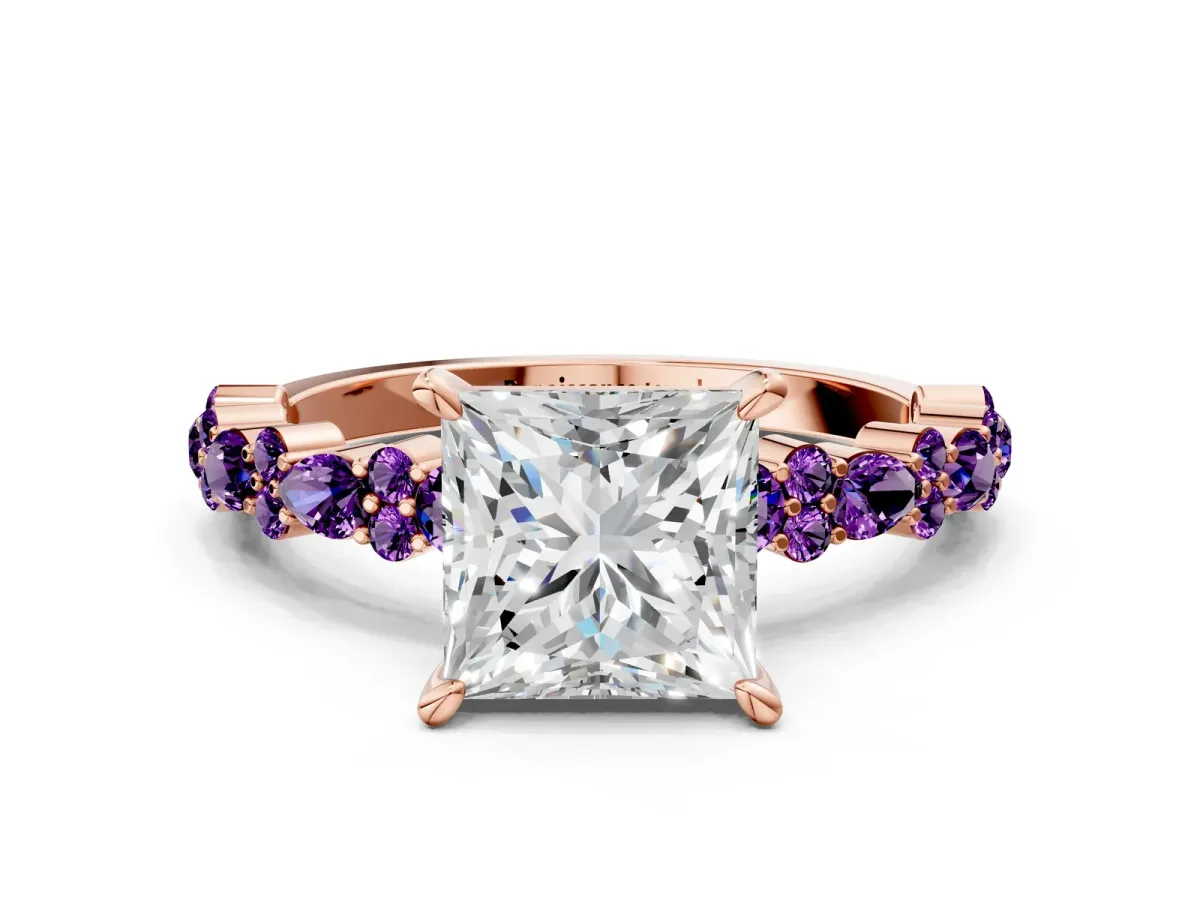 Princess Cut Diamond Side Stone Solitaire Ring with Round Amethyst and Four-Prong Setting Rose gold