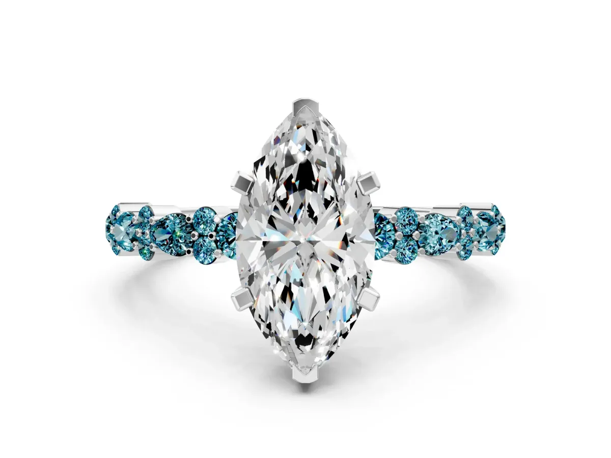 Marquise Cut Diamond Side Stone Solitaire Ring with Round Blue Topaz and Four-Prong Setting Platinum