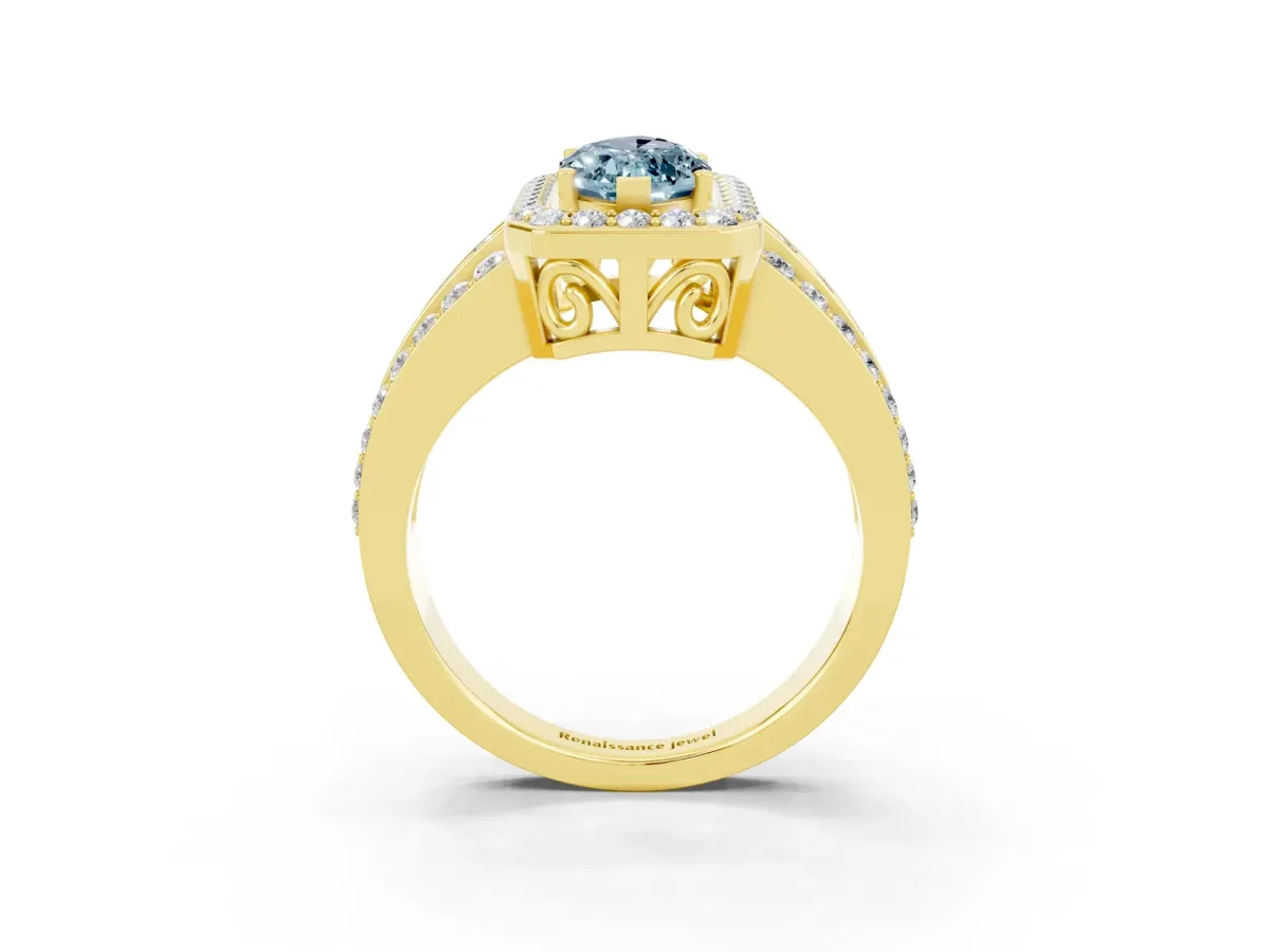 Marquise Cut Halo Aquamarine Ring with Round Split Shank and Prong Setting Yellow gold