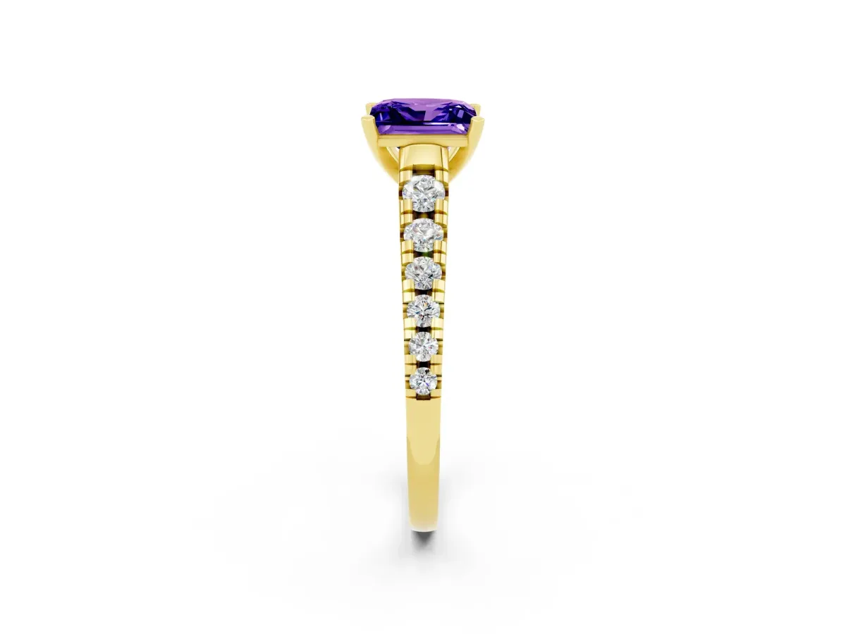 Princess Cut Tanzanite Cathedral Solitaire Ring with Round Pavé Band Yellow gold