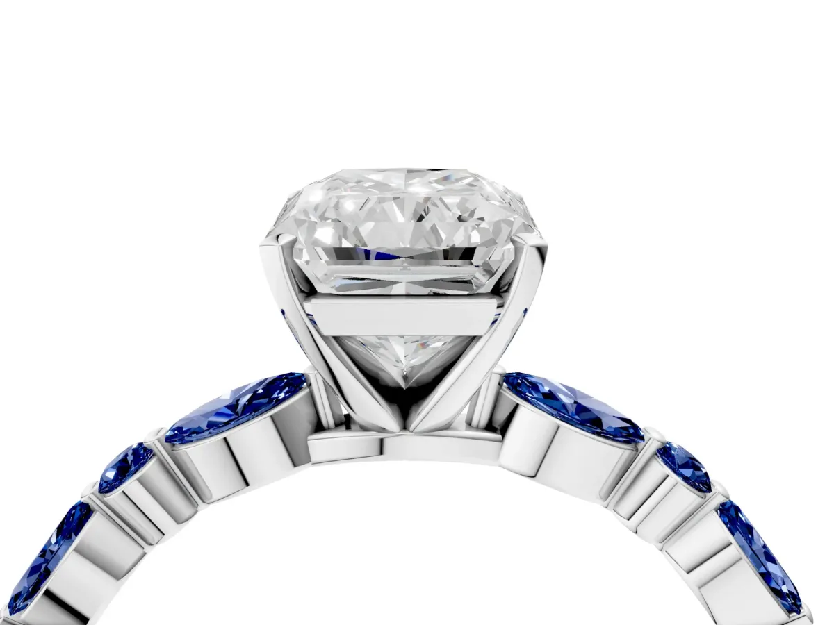 Radiant Cut Diamond Ring with Marquise and Round Blue Sapphire Side Stones and Four-Prong Setting Silver
