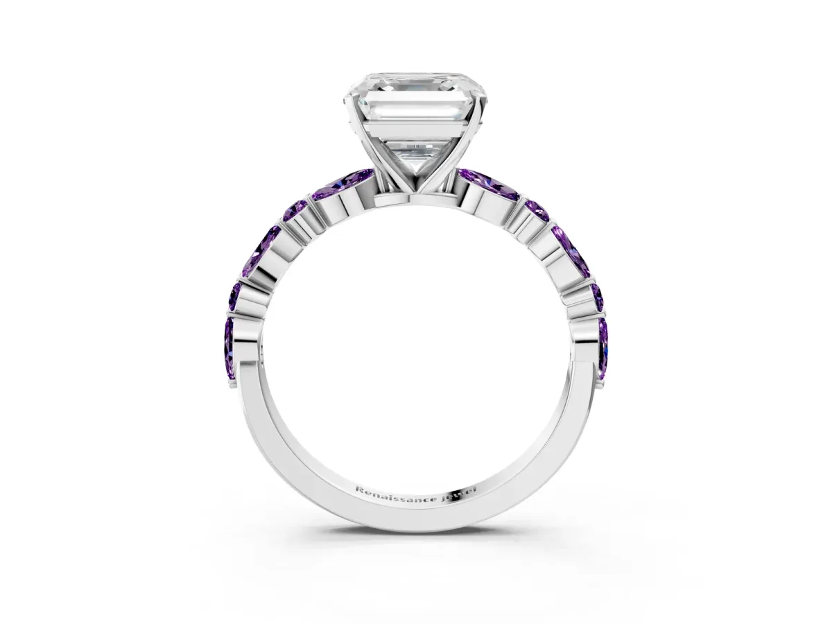 Asscher Cut Diamond Ring with Marquise and Round Amethyst Side Stones and Four-Prong Setting Platinum