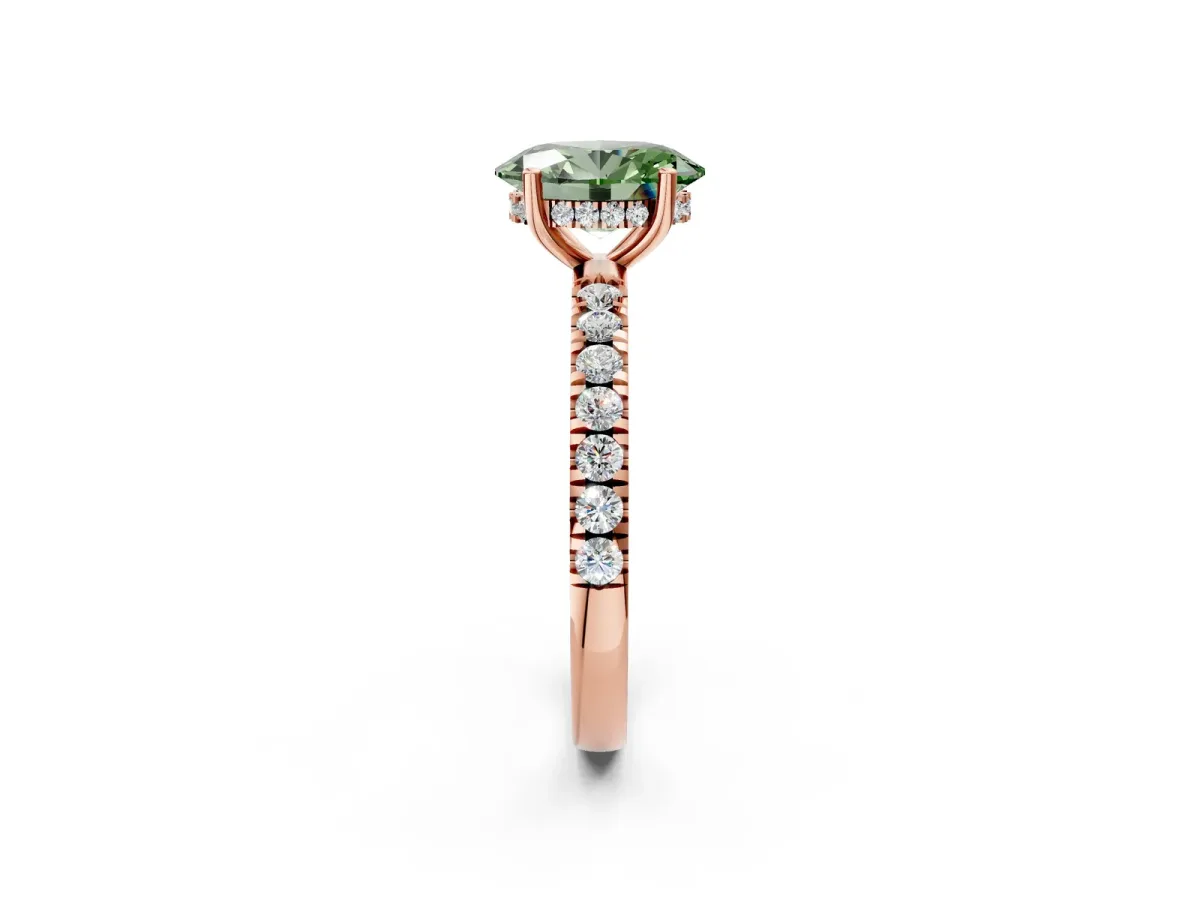 Fancy Green Oval Cut Diamond Pave Band Solitaire Ring with Round and Prong Setting Rose gold
