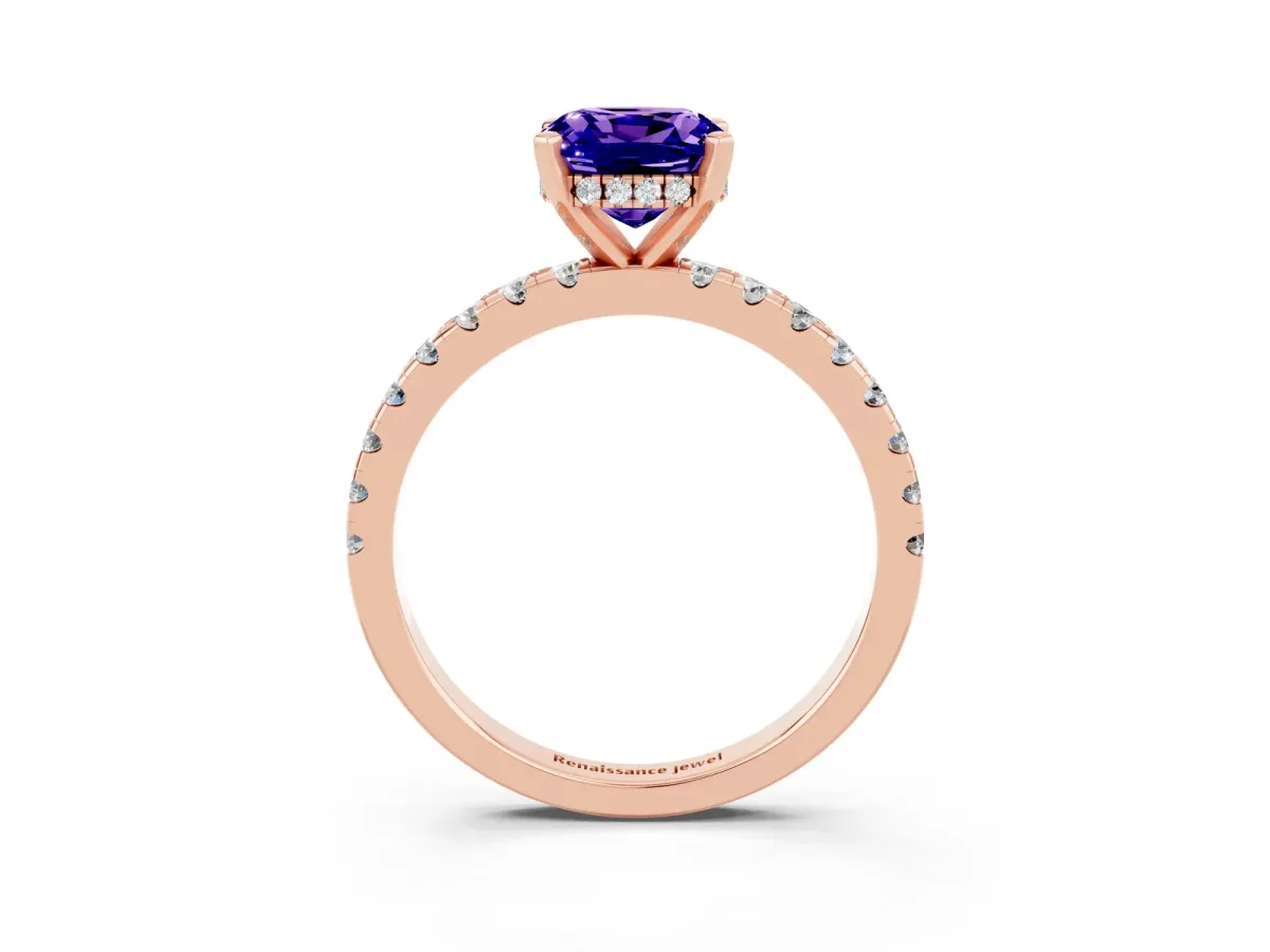 Cushion Cut Tanzanite Solitaire Ring with Round Pavé Band and Four-Prong Setting Rose gold