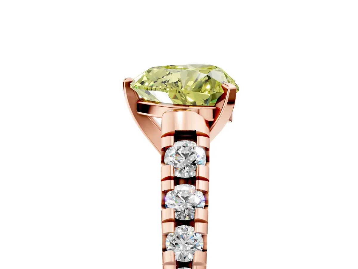 Fancy Yellow Heart Cut Diamond Cathedral Solitaire Ring with Round Pavé Band Rose gold