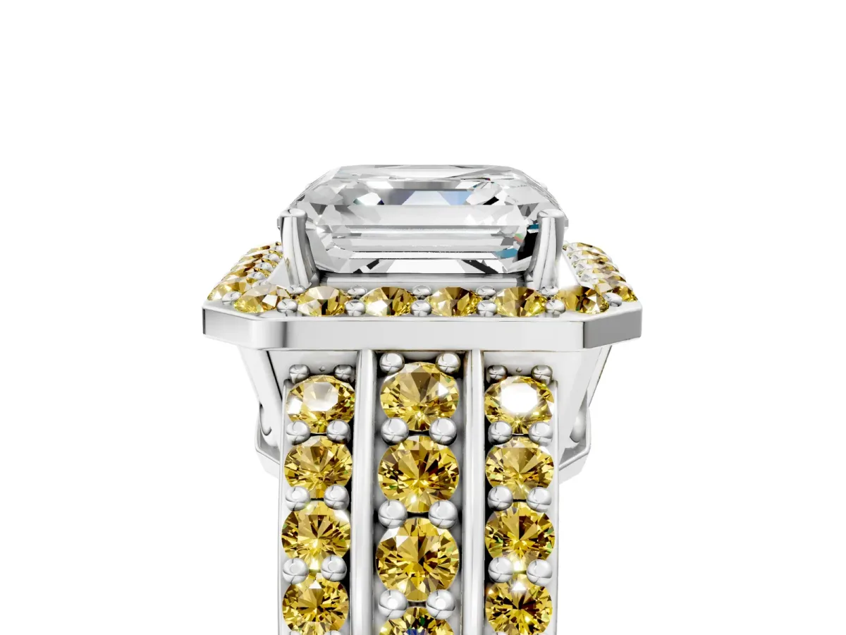Asscher Cut Halo Diamond Ring with Round Yellow Sapphire Split Shank and Prong Setting Silver