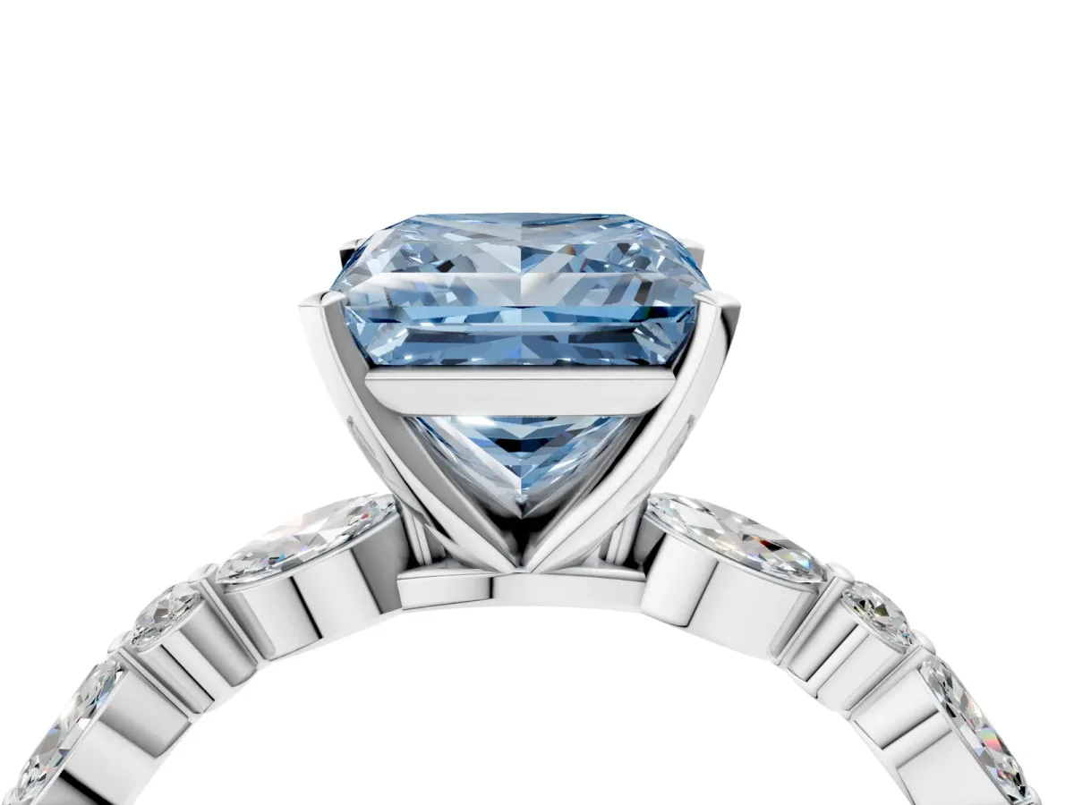 Fancy Blue Princess Cut Diamond Ring with Marquise and Round Side Stones and Four-Prong Setting Platinum