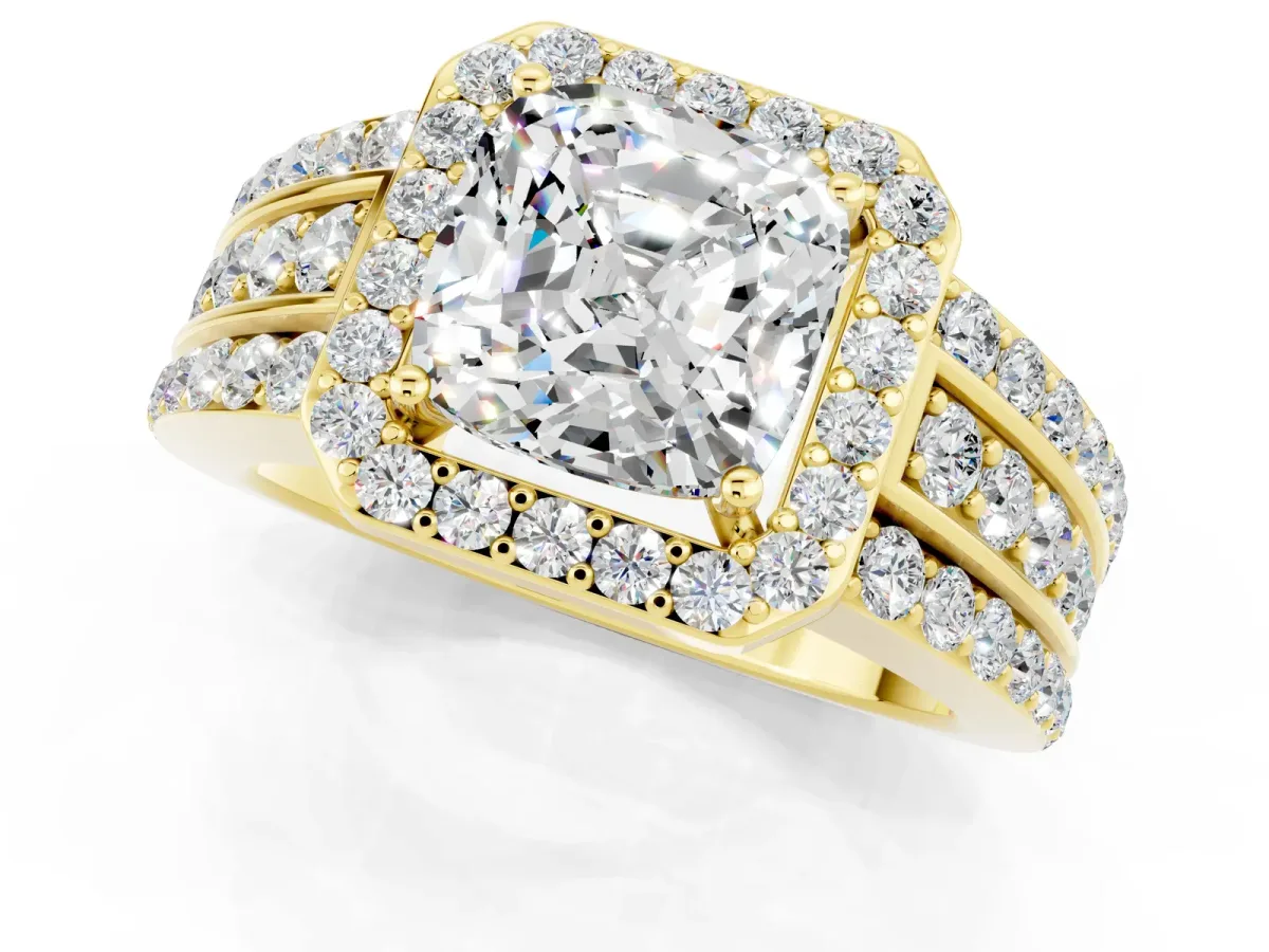 Cushion Cut Halo Moissanite Ring with Round Split Shank and Prong Setting Yellow gold