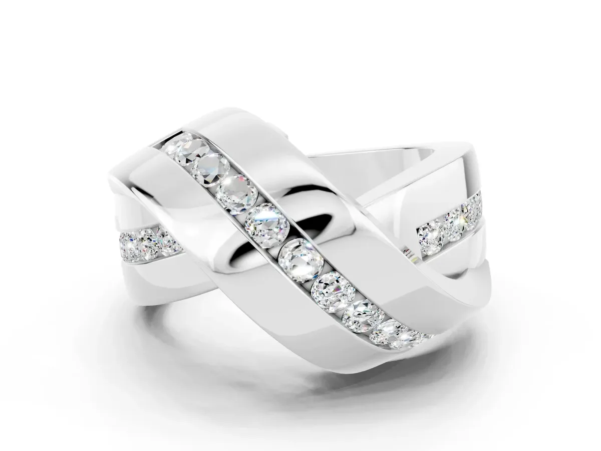 Pavé Round Moissanite Crossover Band with Channel Setting Silver