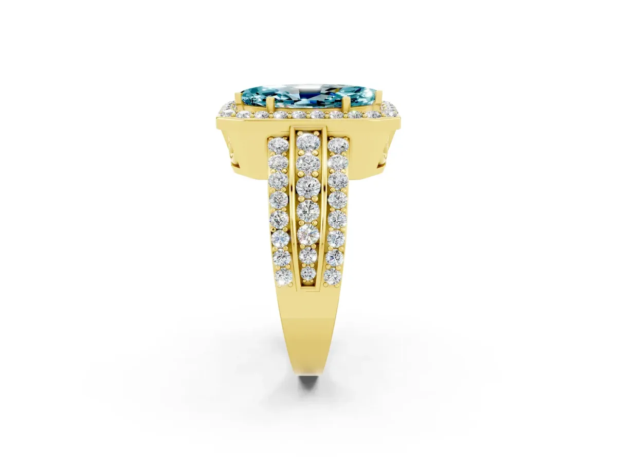 Marquise Cut Halo Blue Topaz Ring with Round Split Shank and Prong Setting Yellow gold