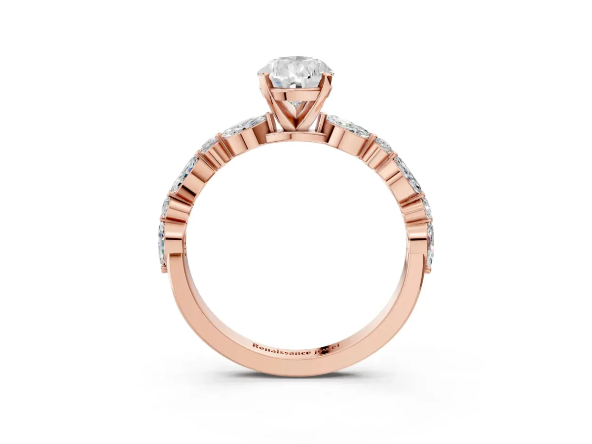 Pear Cut Diamond Ring with Marquise and Round Side Stones and Four-Prong Setting Rose gold