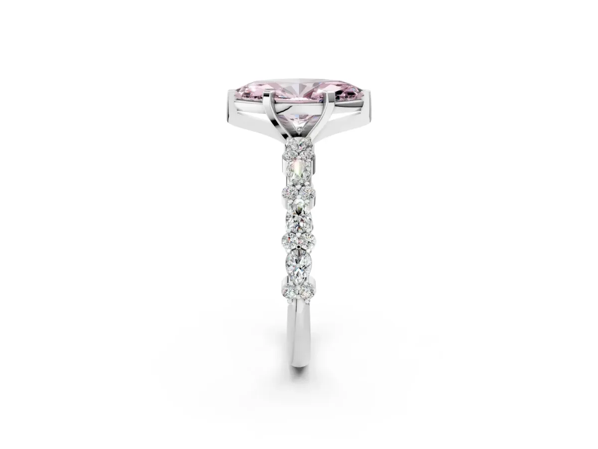 Fancy Pink Marquise Cut Diamond Side Stone Solitaire Ring with Round and Four-Prong Setting White gold