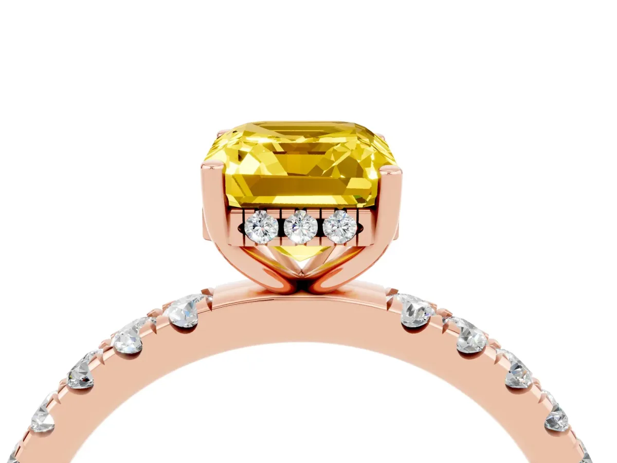 Emerald Cut Yellow Sapphire Pave Band Solitaire Ring with Round and Prong Setting Rose gold