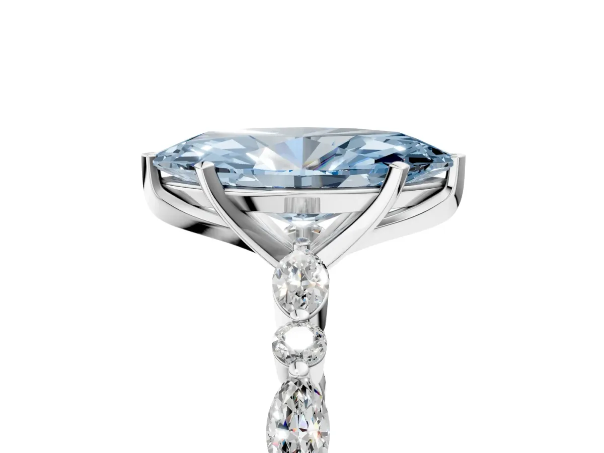 Fancy Blue Marquise Cut Diamond Ring with Marquise and Round Side Stones and Four-Prong Setting Silver