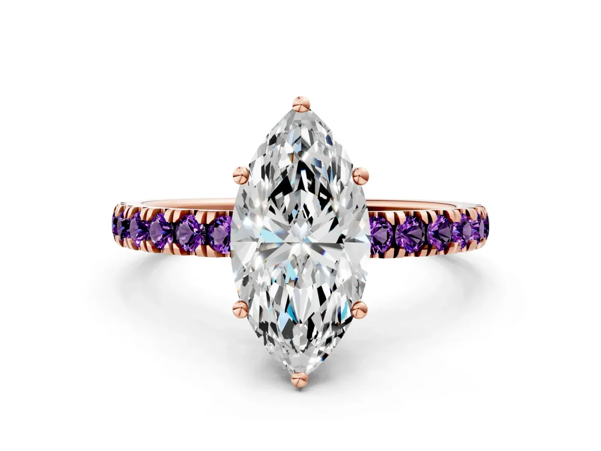 Marquise Cut Diamond Pave Band Solitaire Ring with Round Amethyst and Prong Setting Rose gold