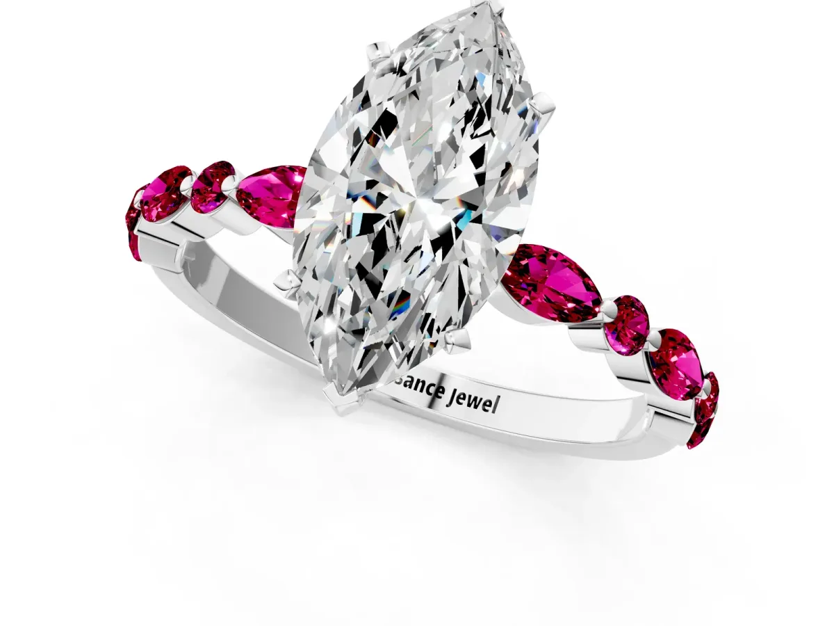 Marquise Cut Diamond Ring with Marquise and Round Garnet Side Stones and Four-Prong Setting Silver