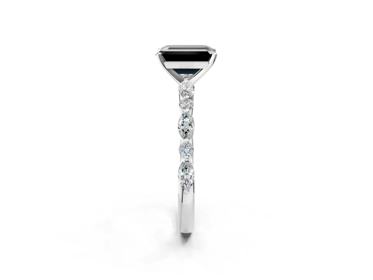 Fancy Black Emerald Cut Diamond Ring with Marquise and Round Side Stones and Four-Prong Setting Silver