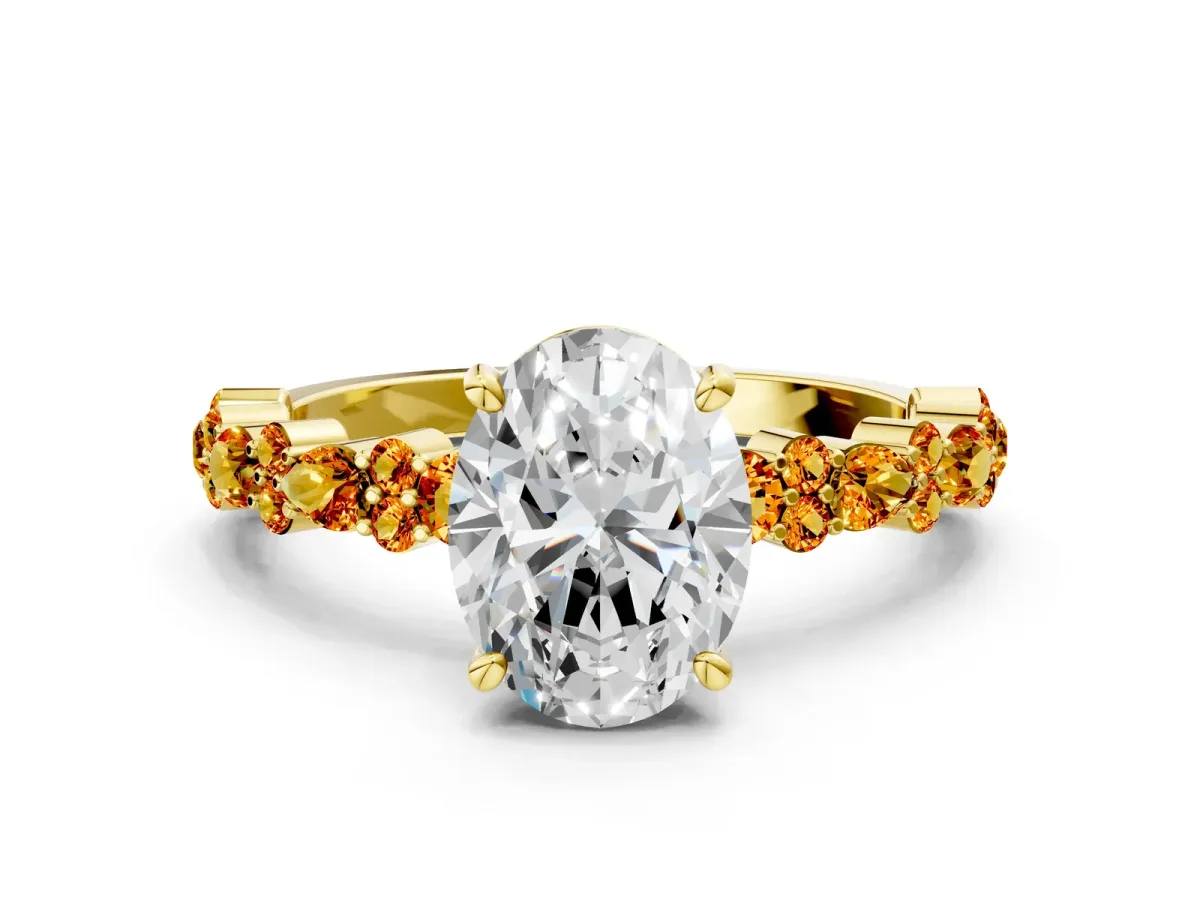 Oval Cut Diamond Side Stone Solitaire Ring with Round Citrine and Four-Prong Setting Yellow gold