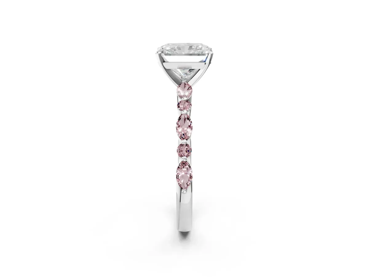 Radiant Cut Diamond Ring with Marquise and Round Morganite Side Stones and Four-Prong Setting Silver