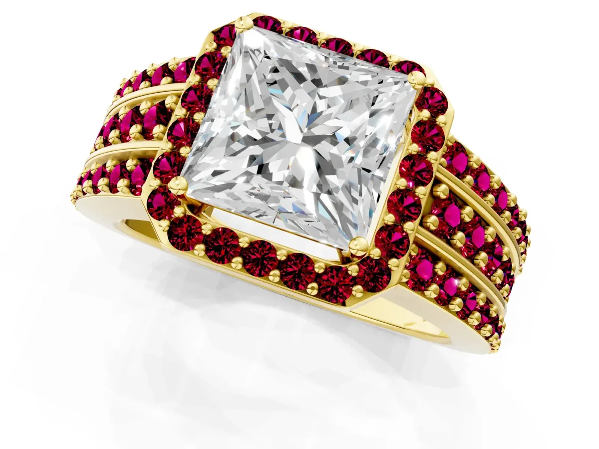 Princess Cut Halo Diamond Ring with Round Garnet Split Shank and Prong Setting Yellow gold