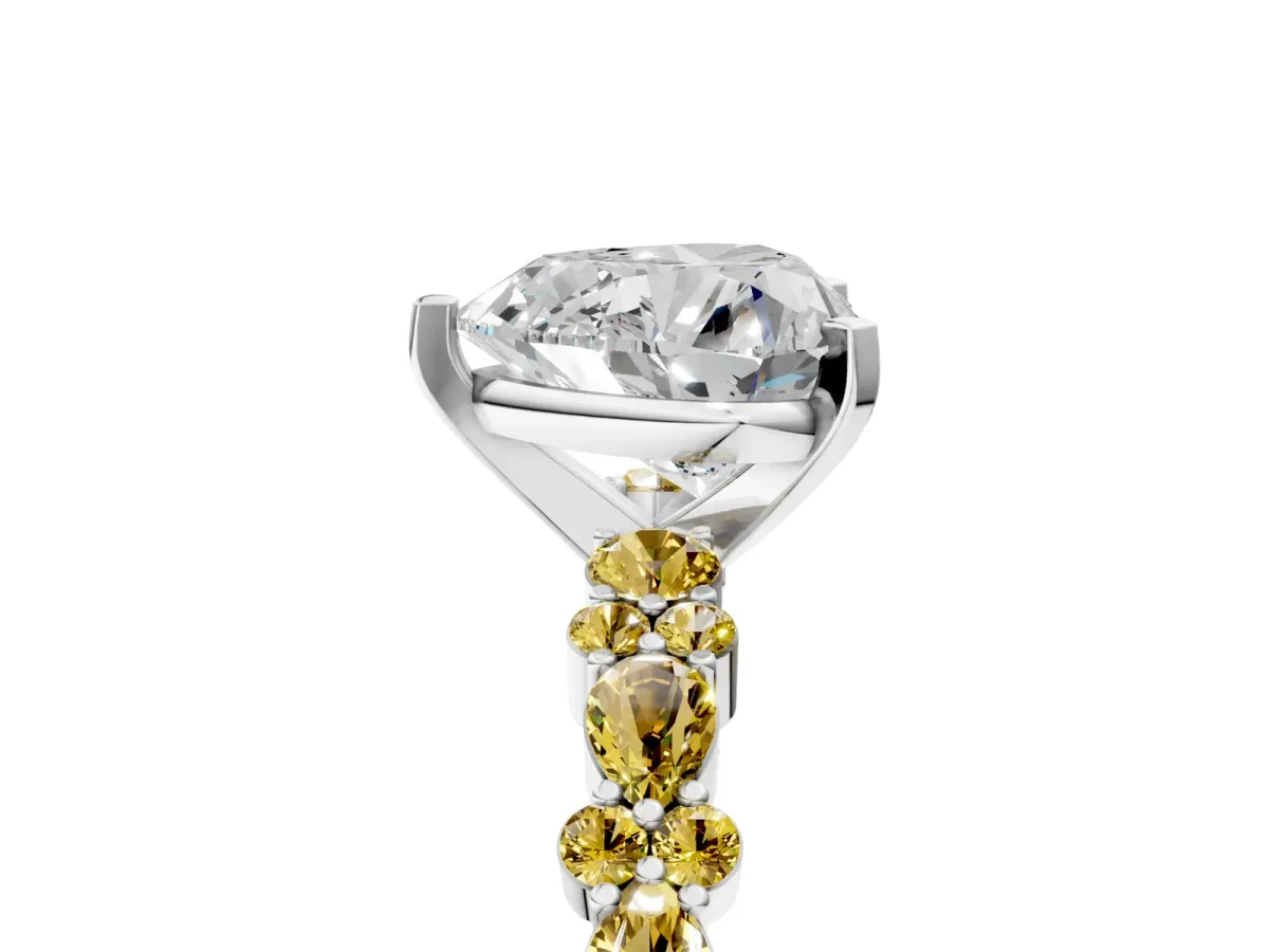 Heart Cut Diamond Side Stone Solitaire Ring with Round Yellow Sapphire and Four-Prong Setting Platinum