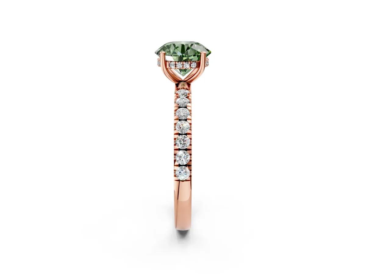 Fancy Green Round Cut Diamond Pave Band Solitaire Ring with Round and Prong Setting Rose gold