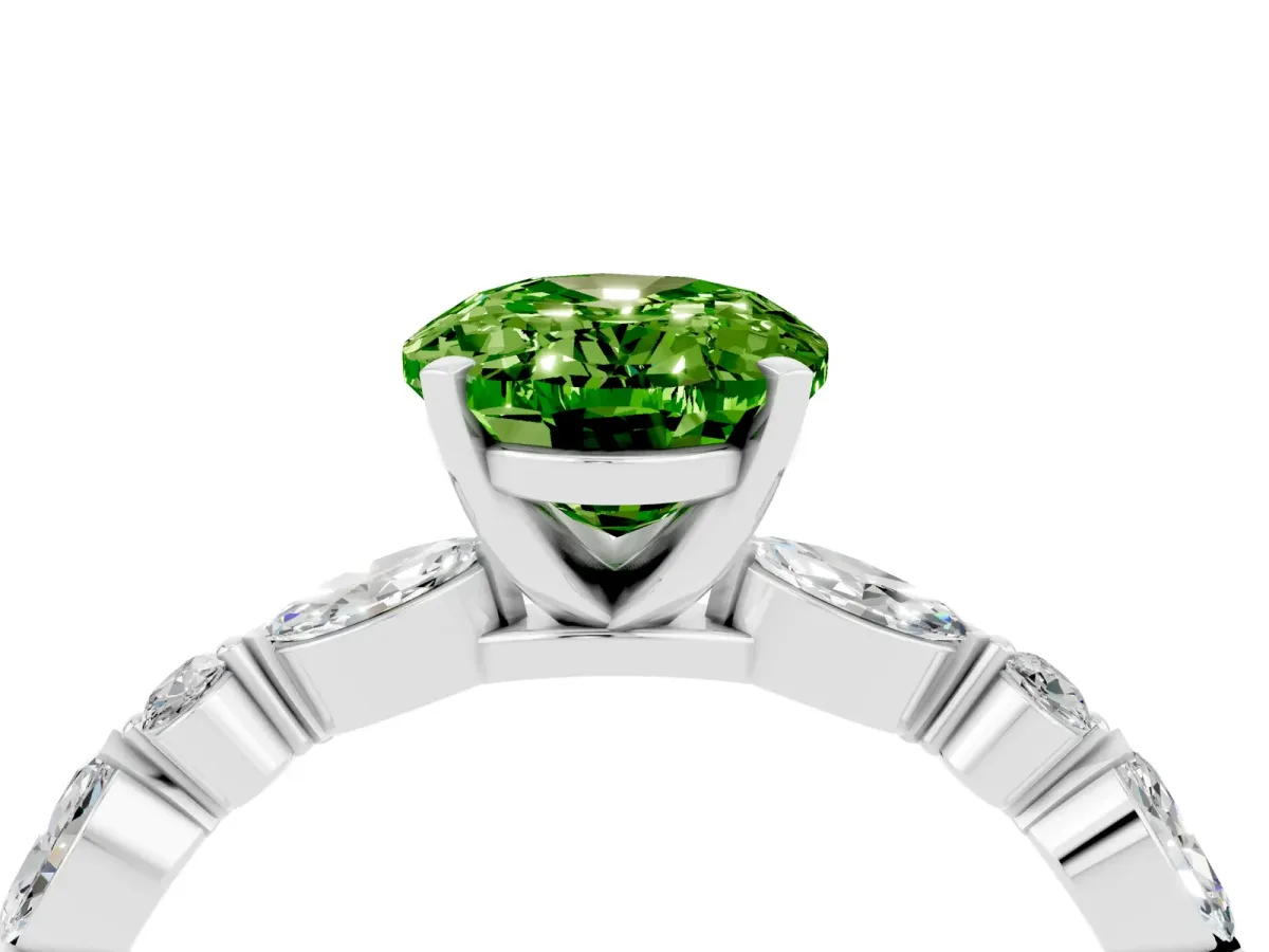 Oval Cut Peridot Ring with Marquise and Round Side Stones and Four-Prong Setting Silver
