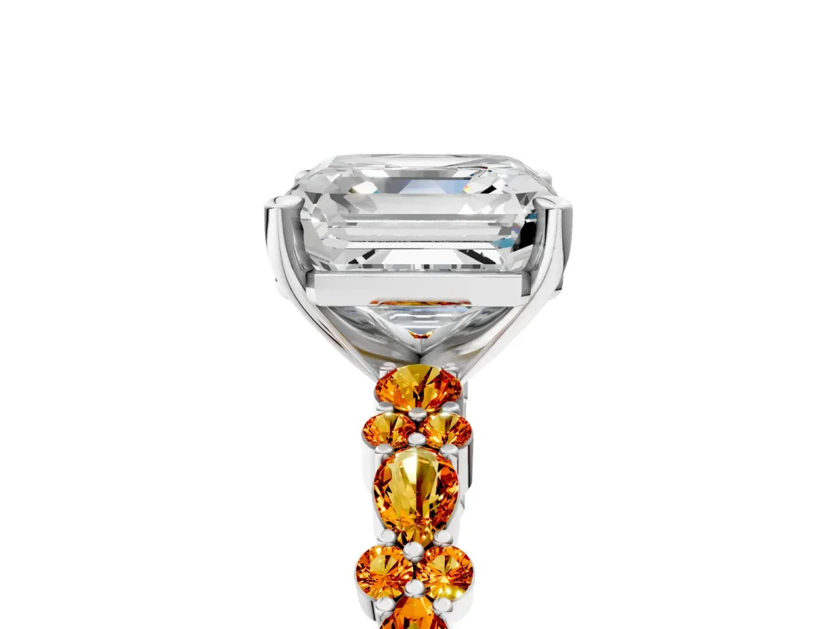 Asscher Cut Diamond Side Stone Solitaire Ring with Round Citrine and Four-Prong Setting Silver