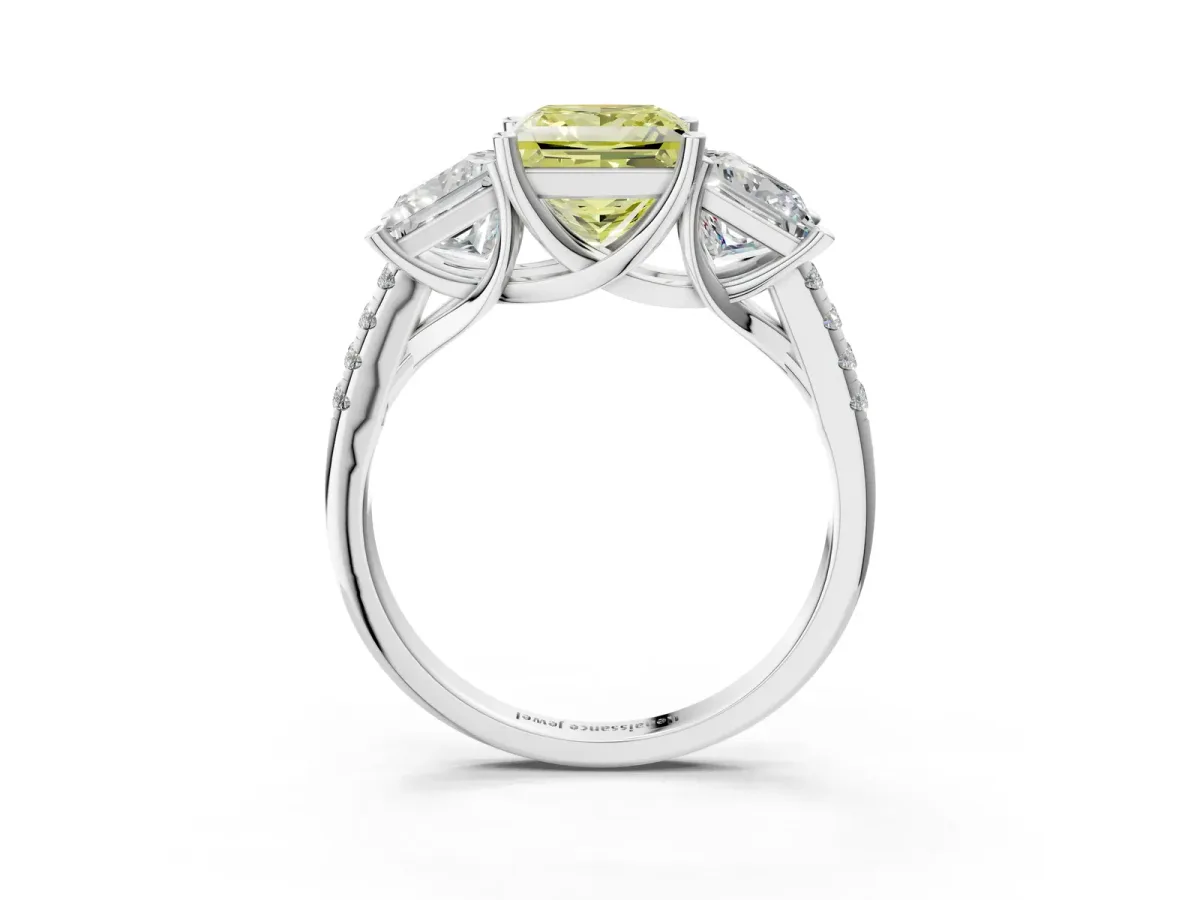 Fancy Yellow Three-Stone Princess Cut Diamond Ring with Round Pavé Band and Prong Setting Platinum