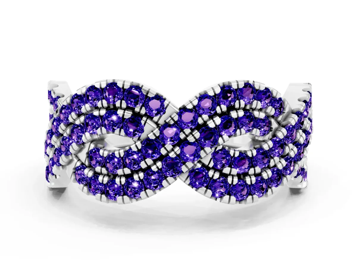 Pavé Round Tanzanite Infinity Twist Band with Shared Prong Setting Silver