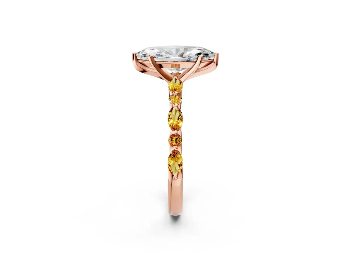 Marquise Cut Diamond Ring with Marquise and Round Citrine Side Stones and Four-Prong Setting Rose gold