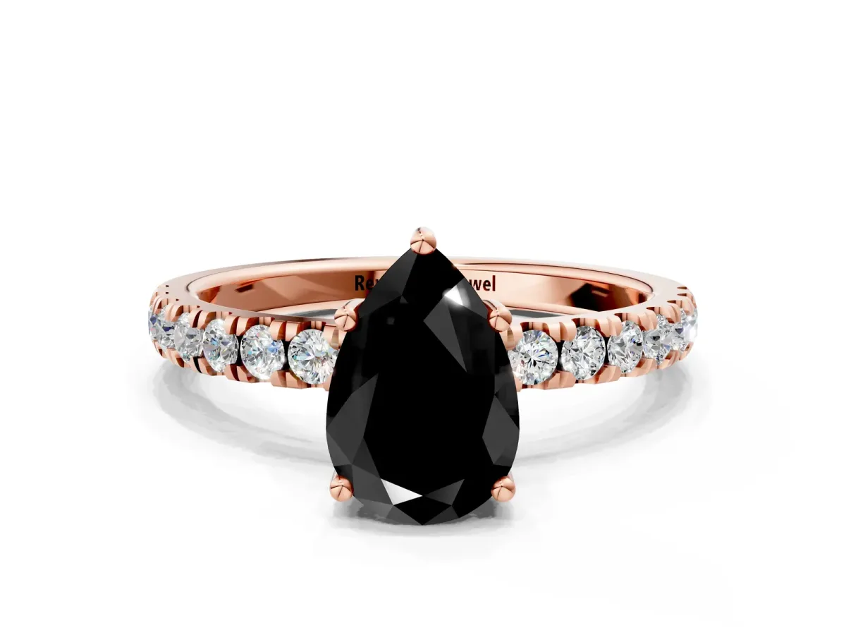 Fancy Black Pear Cut Diamond Pave Band Solitaire Ring with Round and Prong Setting Rose gold